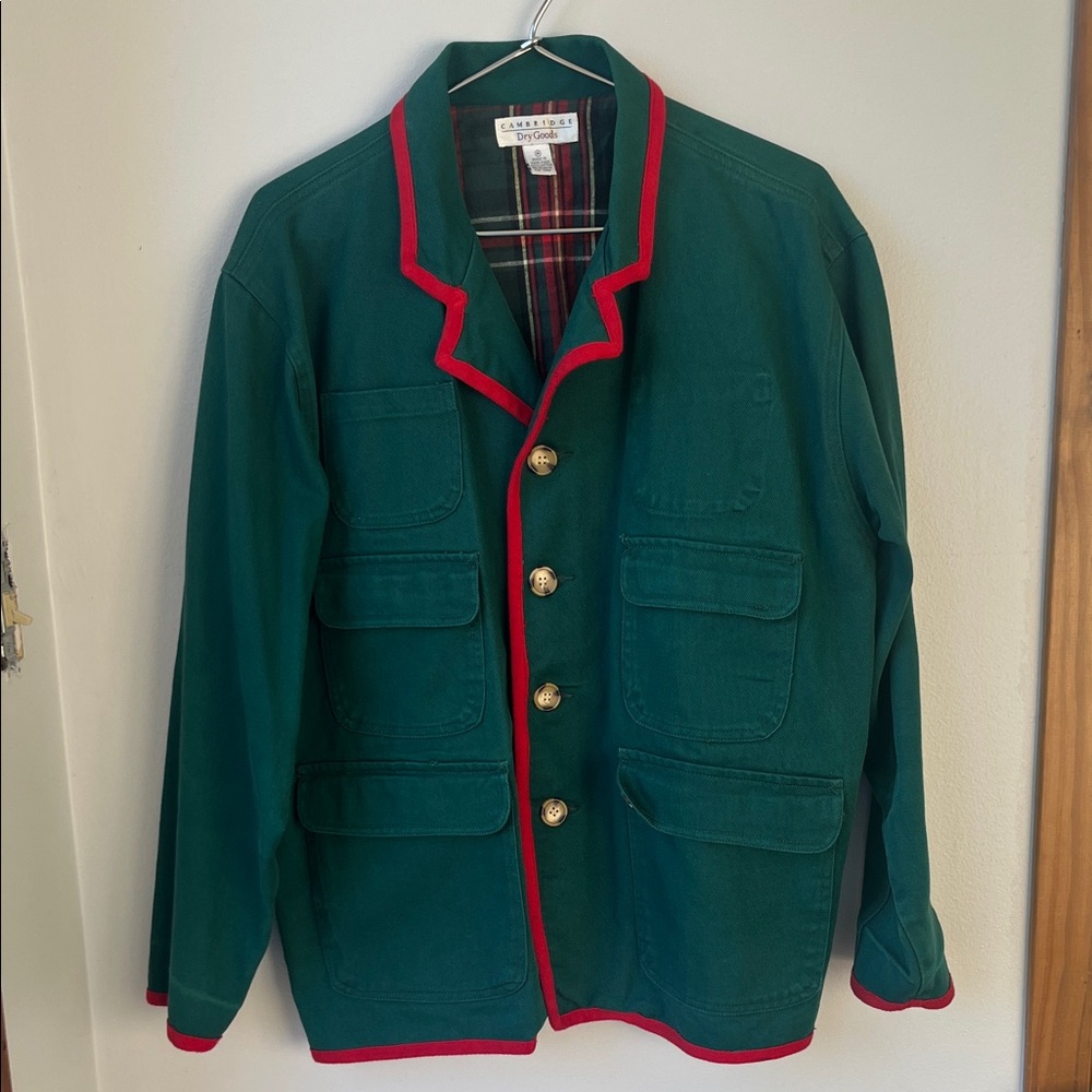 Vintage Cambridge Barn jacket Green with Red Accents and plaid collar.